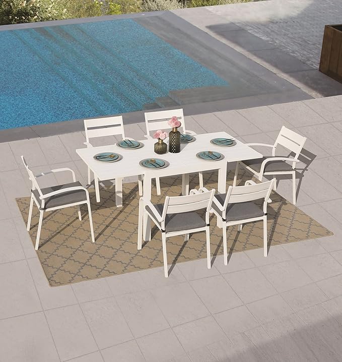 Soleil Jardin Aluminum Patio Extendable Dining Table, 35" - 71", Adjustable Indoor Outdoor Furniture Rectangle Table for 4-6 Person Porch Deck Garden, White