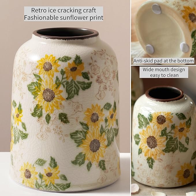 Levvohd Vintage Ceramic Vase, 7.9 Inch Chinoiserie Sunflower Yellow Floral Vases, Retro Ice Cracked Rustic Antique Flower Vases for Modern Coffee Table Home Decor (Medium Cylinder)