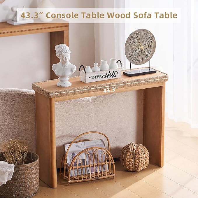 43" Wood Console Table for Entryway, Farmhouse Narrow Entry Tables with Rattan Decor, Boho Skinny Couch Table Behind Sofa for Living Room, Hallway, Foyer, Natural
