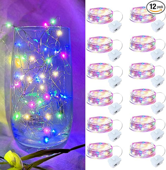12 Pack Led Fairy Lights - Mutilcolor, Battery Operated LED Silver Wire String Lights, 7FT 20LED Mini Firefly Starry String Lights Waterproof Led Twinkle Lights for Mason Jar DIY Christmas Decor