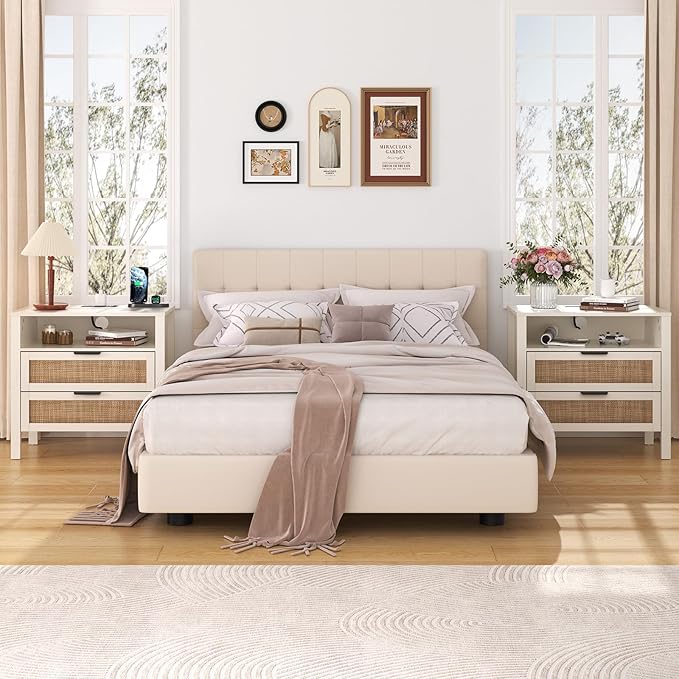 HOMMPA Nightstand with Charging Station, Rattan Night Stand with Drawer, Boho Bedside Table with USB and Type-C Ports, Large Side Table End Table for Bedroom, Living Room, Small Space, Cream