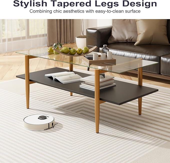 Glass Coffee Table, Rectangle Living Room Center Table with Golden Legs, Mid-Century Modern Accent Tables with Open Shelf for Living Room, Office, Black