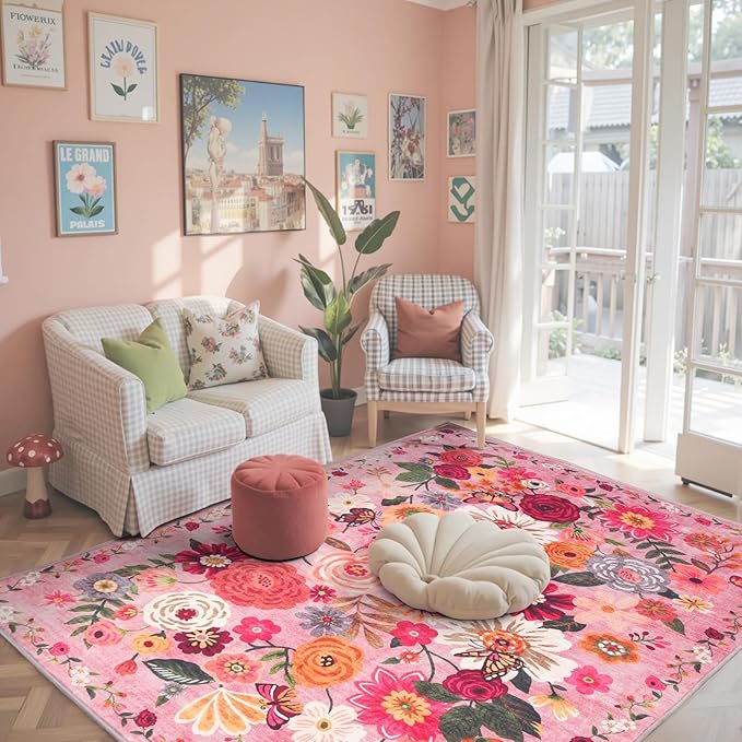 Pink Area Rug 4x6 Rug Washable Boho Rugs Non Slip Low Pile Floral Small Carpet for Bedroom, Bedside, Kids Room, Office, Dining Room(4 x 6, Pink Garden)