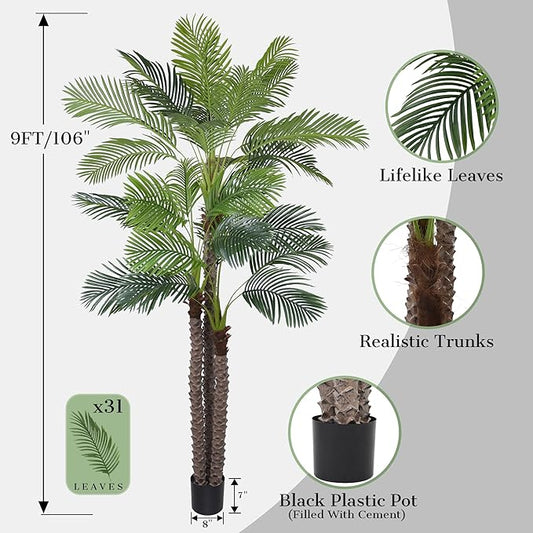 9FT Artificial Palm Tree - Tall Fake Palm Tree with 31 Lifelike Leaves & Realistic Trunk, 108" Large Faux Tropical Phoenix Palm Plant for Home Living Room Poolside Office Hotel Mall Decor