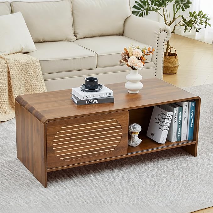 43.3“ Mid Century Modern Coffee Table with Storage, Curved Profile Wood Coffee Table with Sliding Arched Door, Farmhouse Center Table Rectangle Coffee Table for Living Room, Office, Walnut