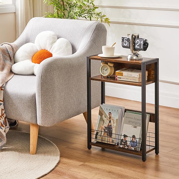 IBUYKE Narrow Side Table with Storage Shelf, 3 Tier End Table,Modern Sofa Table,Small Nightstand with Magazine Rack,Telephone Table for Small Spaces,for Living Room, Bedroom,Brown UTMZ001H