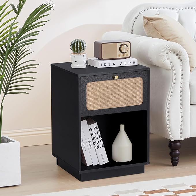 16" Wooden Night Stand with Drawer Linen Decor and Open Shelf, Modern Black Side Table, Small Bedside Table with Storage, Farmhouse Nightstand End Table for Bedroom Home Office, Living Room (Black)