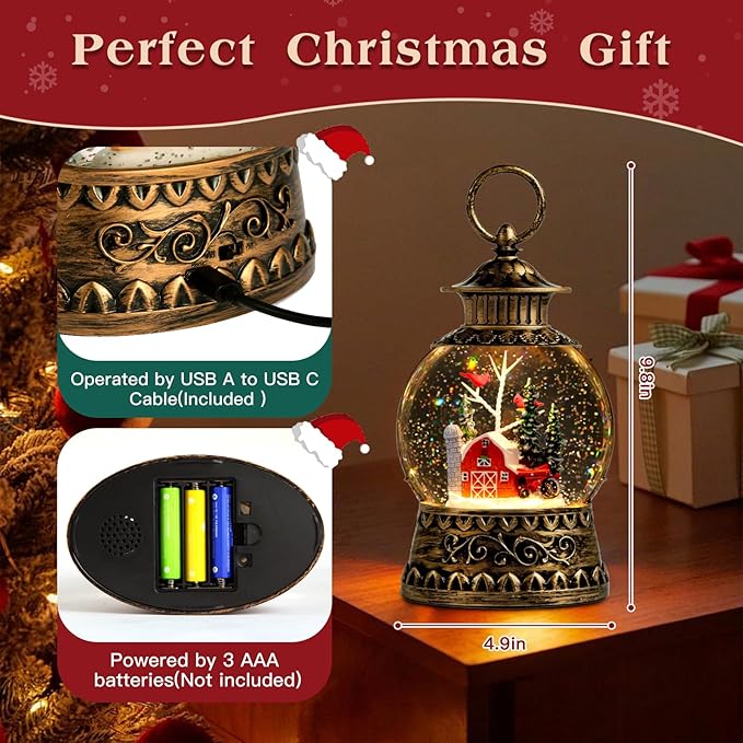 Christmas Snow Globe, Red Barn Truck Musical Snow Globe Lantern Lights with 6H Timer Battery & USB Powered, Retro Style Holiday Glitter Globe for Xmas Home Decoration Holiday Party Gifts