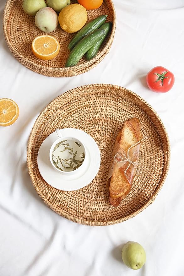 HITOMEN 14.2" Hand-Woven Round Rattan Serving Tray Decorative Ottoman Wicker Platter with Handles for Coffee Table, Breakfast, Drinks, Snack, Bread, Fruit, Vegetables (Natural-L)