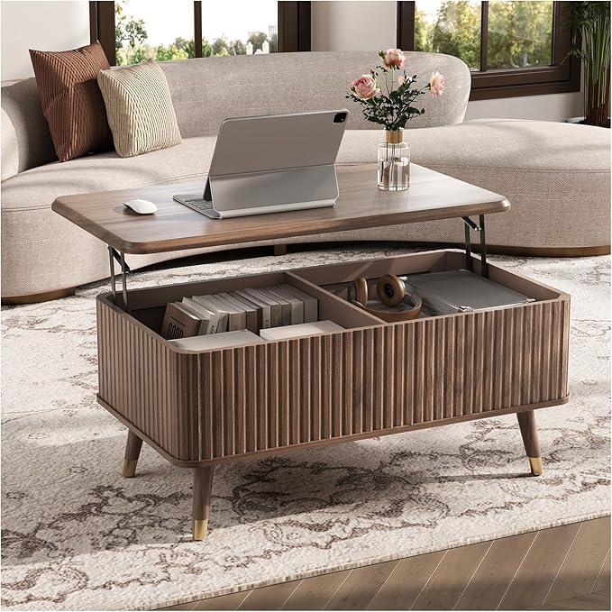 Lift Top Coffee Table with Storage Shelf & Hidden Compartment, Mid Century Modern Fluted Rectangle Dining Table for Living Room, Home Office, Walnut