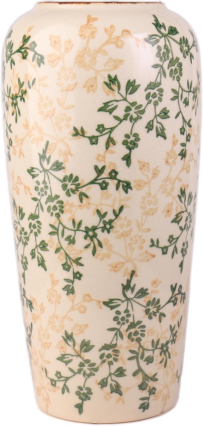 11.5" Hand-Painted Ceramic Large Vase – Green Botanicals & Yellow Florals, Crackle Glaze & Antique Patina Rim, Chinese-Inspired Artistry