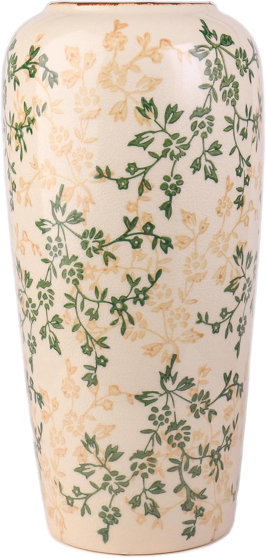 11.5" Hand-Painted Ceramic Large Vase – Green Botanicals & Yellow Florals, Crackle Glaze & Antique Patina Rim, Chinese-Inspired Artistry