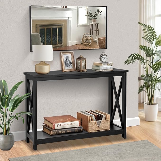 SUPER DEAL Console Table 39.5”, 2-Tier Narrow Sofa Side Table with Storage Shelf, Entrance Table for Hallway/Foyer/Living Room/Corridor/Office, Black