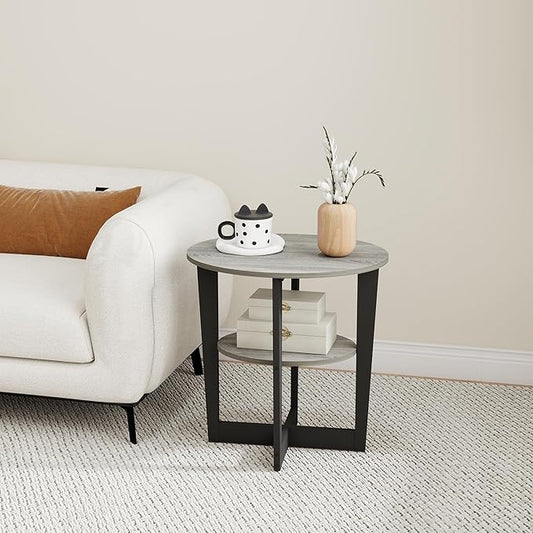 Small End Table, Round Side Table with 2-Tier Open Storage for Living Room, Apartment, Home Office, Small Spaces, Grey