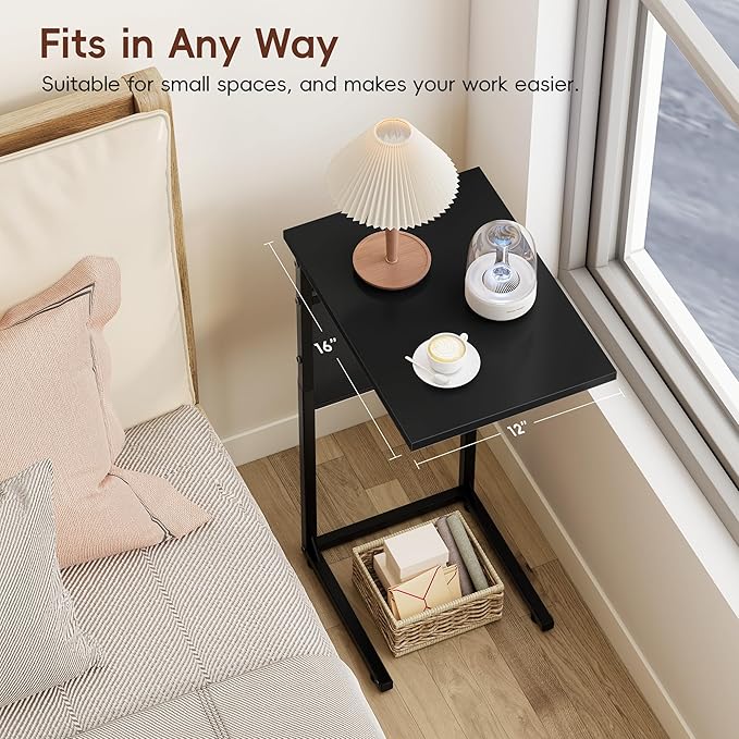 Vagusicc C Shaped End Table, Small Side Table for Couch, Couch Side Table Arm C Table for Sofa, TV Tray Slide Under Sofa Drink Table with Metal Frame for Living Room, Bedroom, Bedside, Black