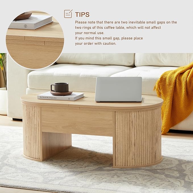 ORRD Lift Top Coffee Table, Fluted Coffee Table with Lifting Top, Wooden Lift Up Dining Table with Hidden Compartment, Center Table for Living Room, Office - Oak