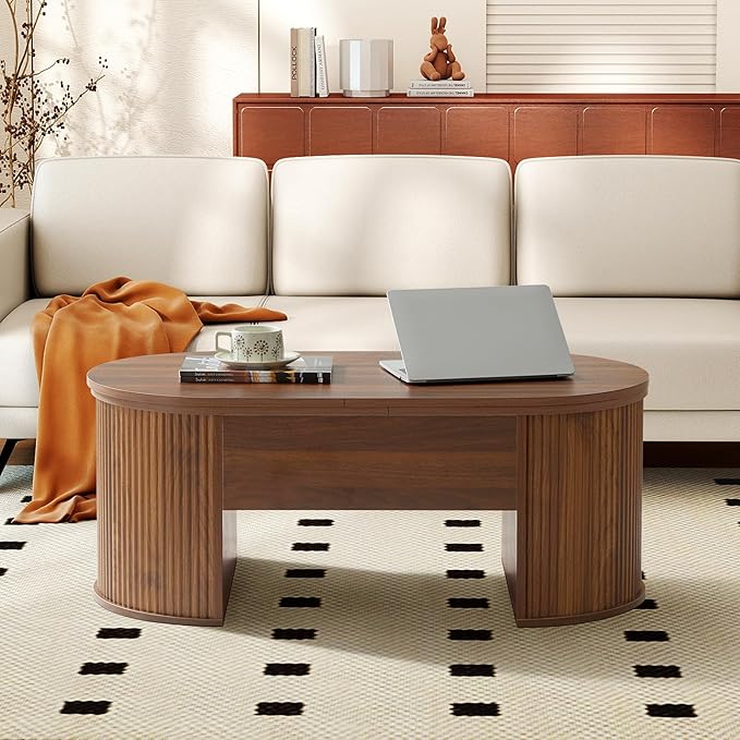 ORRD Lift Top Coffee Table, Fluted Coffee Table with Lifting Top, Wooden Lift Up Dining Table with Hidden Compartment, Center Table for Living Room, Office - Walnut