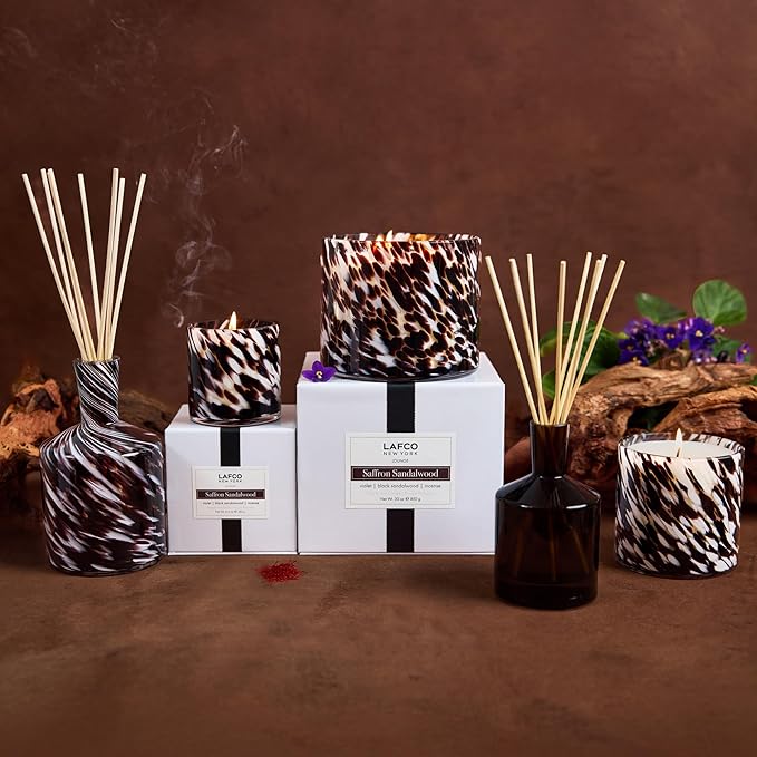 LAFCO New York Fall Classic Reed Diffuser, Saffron Sandalwood - 6 oz - Up to 3 Months Fragrance Life - Reusable, Hand Blown Glass Vessel - Natural Wood Reeds - Made in The USA