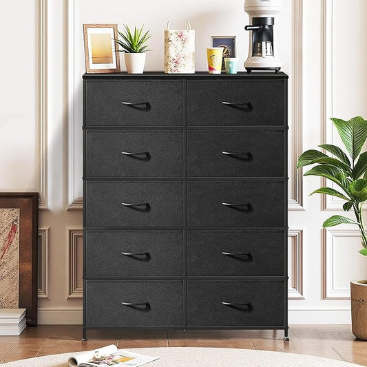 10-Drawer Dresser for Bedroom, Anti-Tip Tall Storage Organizer Chest of Drawers with Wooden Top and Metal Frame Fabric Bins for Closet, Living Room, Hallway, Entryway, Black