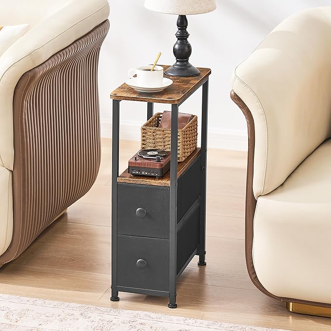 End Table, Narrow Side Table with 2 Fabric Drawers, Slim Nightstand, Small Bedside Table with Storage, Living Room, Bedroom, Rustic Brown HKET1200BR