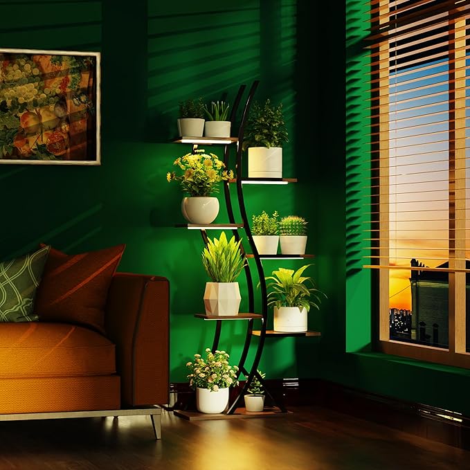 Indoor Plant Shelf Featuring Grow Lamp, 60.24" High 7-Tier Exhibition Unit, S-Curve Corner Design for Floral and Foliage Showcase in Living Area, Patio, Balcony Décor