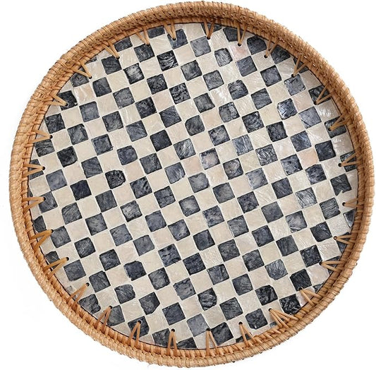Round Rattan Tray with Mother of Pearl Inlay, Rattan Serving Tray for Coffee, Bread, Fruits, Decorative Wicker Tray for Table Decor, Home Decor, Kitchen Island Decor(Black Checkerboard, 11.8")
