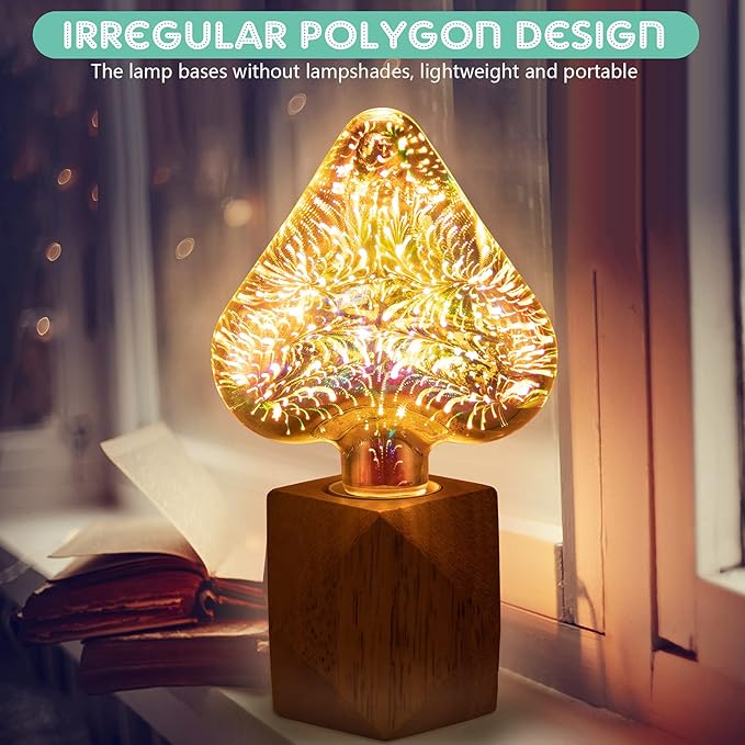 Riakrum 2 Pieces Industrial Wooden Lamp Base E26/ E27 Vintage Desk Lamp with Switch Plug Wood Small Lamp Base Polygon Industrial Night Light Boho Decor for Living Room Bedroom (No Bulb)