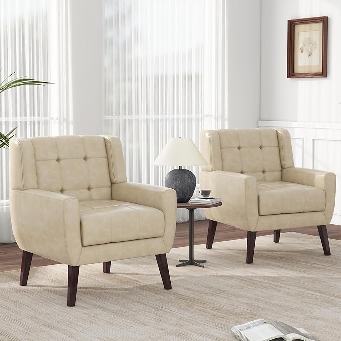 Pia Ricco 2 Pack Mid Century Modern Accent Chairs, Button Tufted Faux Leather Armchairs - Easy-Clean Matching Set for Living Room, Durable Sofa Chairs for Home Office & Lounge, Cream
