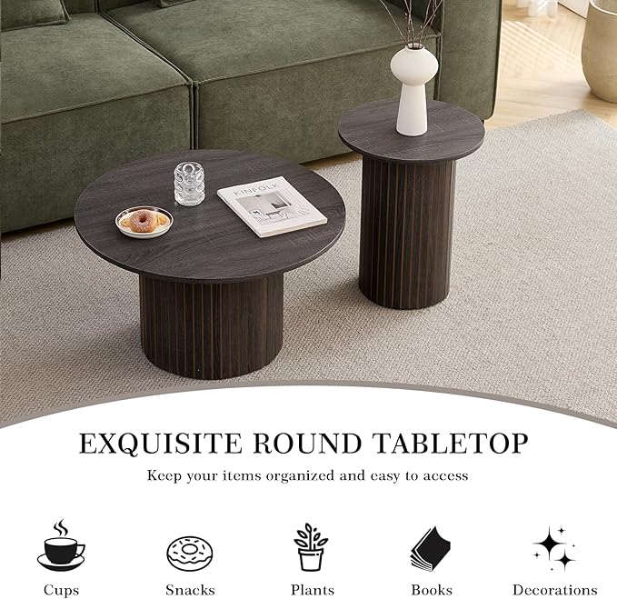 Small Round Coffee Table Set of 2, Wood Finish Nesting Coffee Tables, Boho Circle Side Table for Living Room (φ27.6 Large Short + φ15.8 Small Tall)