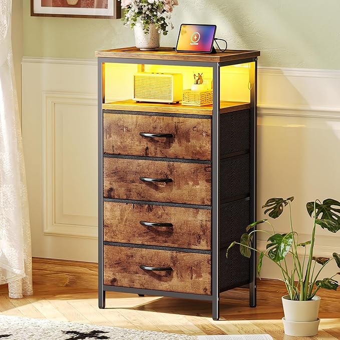 Huuger Night Stand with Charger Station and LED Lights, 4 Drawer Nightstand, Bed Side Table with Open Shelf, End Table, Fabric Dresser for Bedroom, Rustic Brown