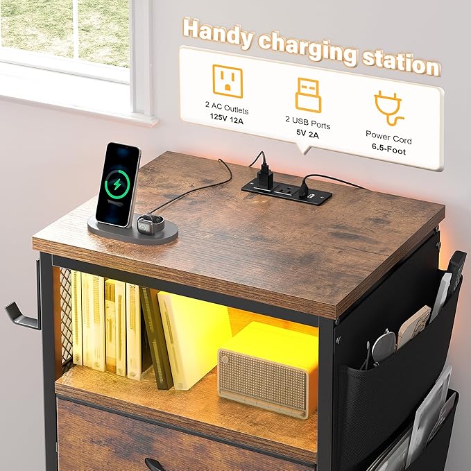 EnHomee Tall Night Stand Set 2 with 5 Drawers, LED Nightstand with Ports & Outlets, Bedside Table with Extra Side Bag & Storage Shelf & Hooks, Bedroom, Dorm, Closet