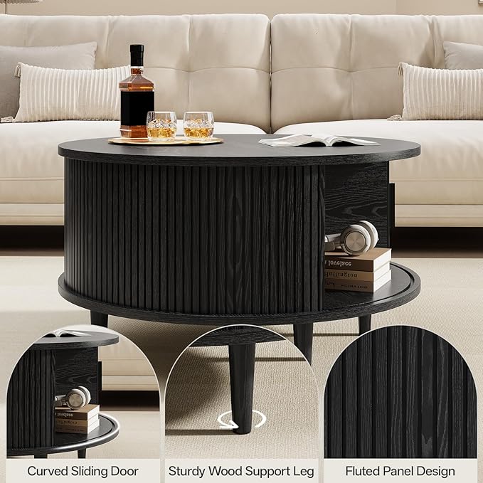 Mid Century Round Coffee Table, Fluted Center Table with Sliding Door, Modern Dining Table with Storage for Home Living Room Office, 31.5", Black