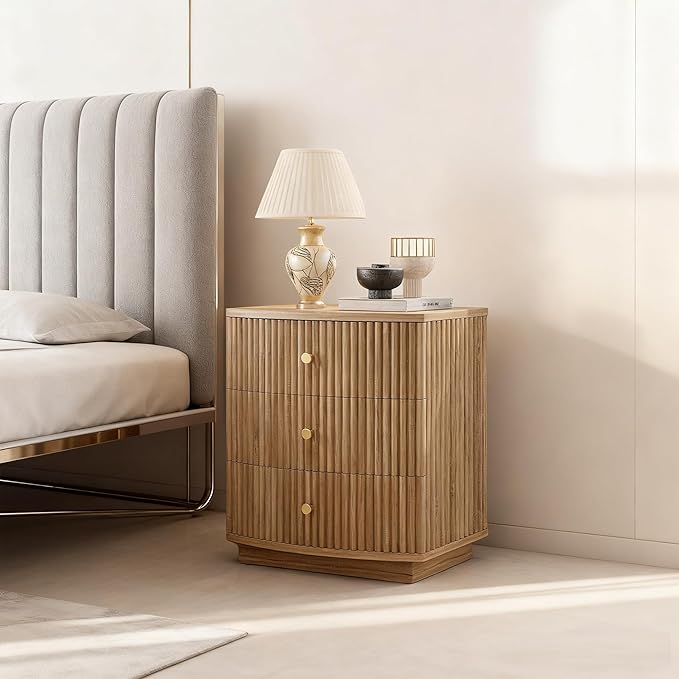 Grooved Wood End Table with 6 Drawers, Curved Edge Storage Side Table, Six Drawer Nightstand Compact Sofa Bedside Table for Bedroom, Living Room and Small Spaces, Natural X2