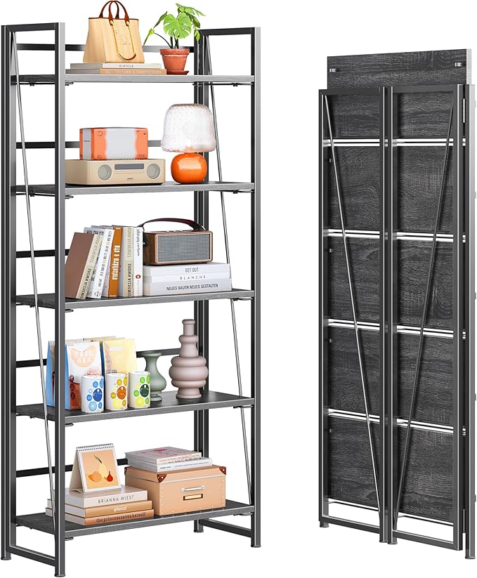 4NM No Assembly Folding Bookshelf, 5-Shelf 62.2" H Collapsible Foldable Bookcase Storage for Small Spaces, Gray and Black