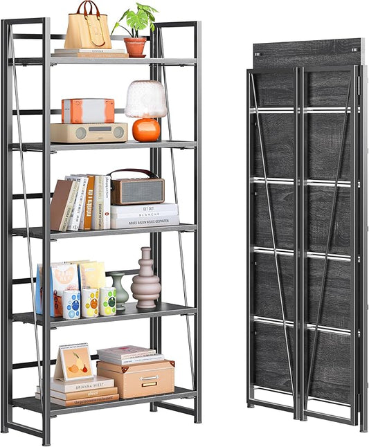 4NM No Assembly Folding Bookshelf, 5-Shelf 62.2" H Collapsible Foldable Bookcase Storage for Small Spaces, Gray and Black
