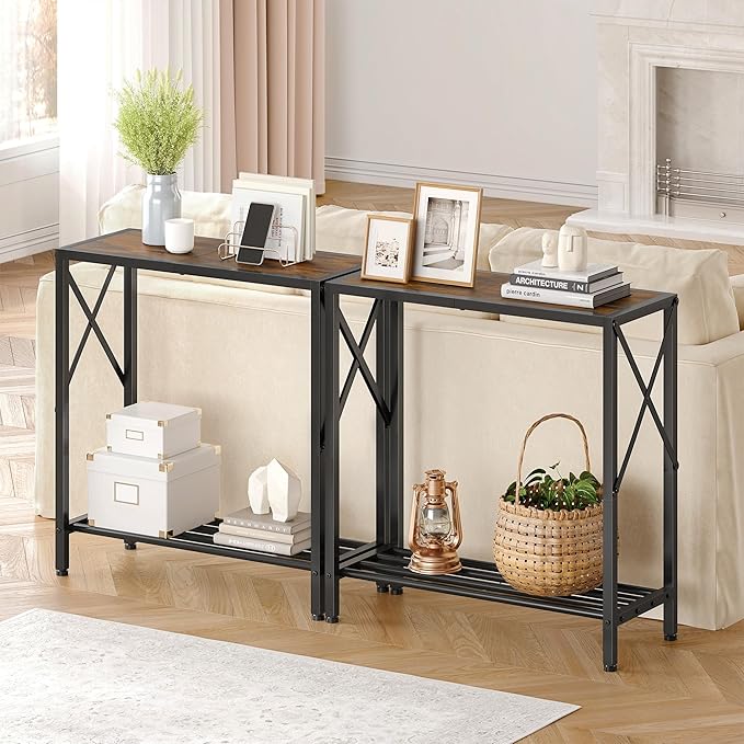 Tajsoon Console Table, 2 Tier Small Hallway Table, Narrow Sofa Table for Entryway with Open Shelves for Living Room, Hallway, Foyer, Office, Rustic Brown