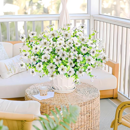 Agusbagli 10 Bundles Artificial Flowers Outdoor UV Resistant Fake Flowers No Fade Faux Plastic Greenery Shrub Plants for Wedding Home Garden Window Box Fireplace Thanksgiving Christmas Decor, White