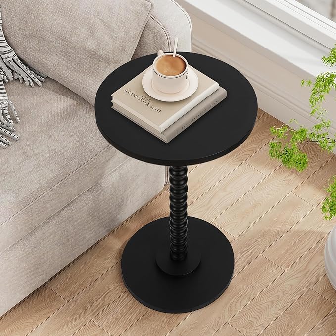Round Side Table, Small End Table for Small Space, Modern Accent Table with Solid Wood Leg, Easy Assembly for Living Room, Bedroom, Corners, and Office (Black)