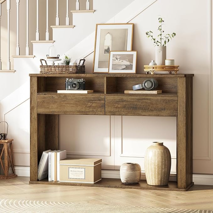43.3 Inches Console Table, Narrow Entryway Table with 2 Drawers, 2 Compartments and Bottom Shelf, Farmhouse Hallway Accent Table for Entryway, Living Room, Foyer, Hallway, Dark Brown
