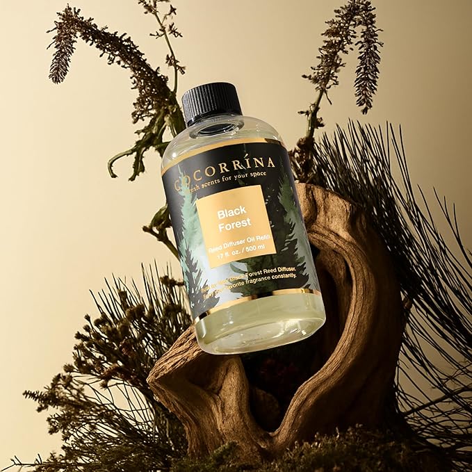 Cocorrína Reed Diffuser Refill Black Forest 17oz (500ml) with 8 Sticks - Premium Long-Lasting Essential Oil, Home Fragrance for Bedroom, Bathroom Home Decor