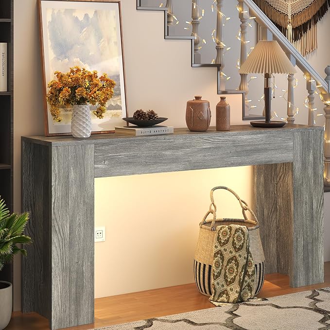 63-Inch Long Console Table with LED Light, Farmhouse Sofa Table Behind Couch, Wooden Console Table for Entryway Hallway Entrance Living Room, Gray