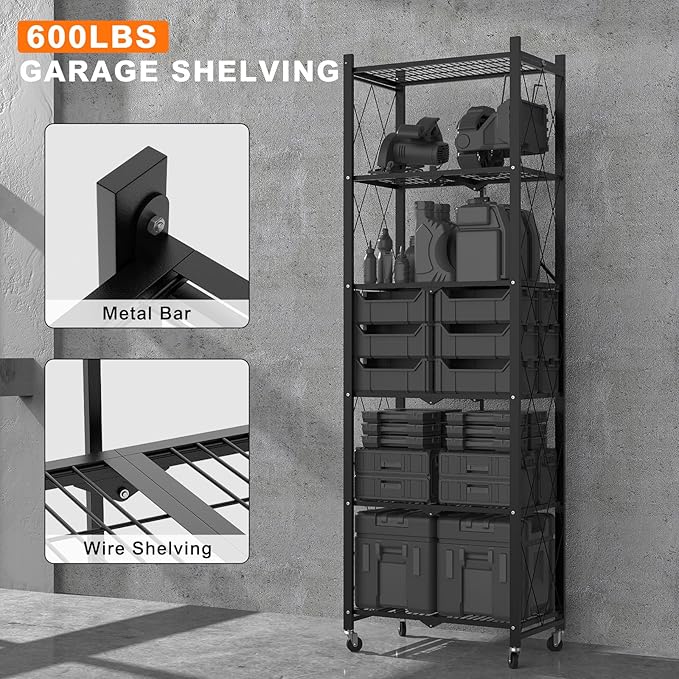 72" H 6 Tier Foldable Storage Shelf with Wheels, Folding Shelving Loads 600 LBS, Metal Steel Garage Shelves, Rolling Standing Utility Rack for Kitchen, Pantry, Office, Black