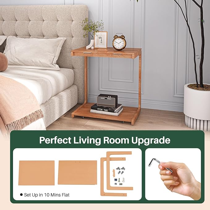 C Shaped Rolling End Table with Wheels - Solid Wood Side Table for Couch, Wooden Modern Tv Tray Bedside Tables for Sofa Armchair Living Room Bedroom, Cherry, 15.4 in x 23.6 in x 24.8 in