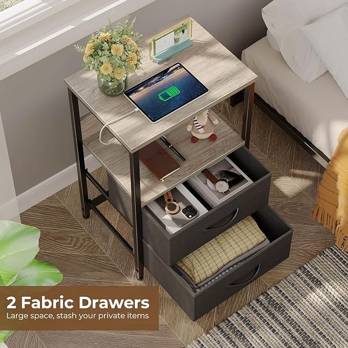 Seventable Nightstand Set of 2 with Charging Station, Bedside Table with LED Lights, Night Stand with 2 Fabric Drawers, 3-Tier Storage End Table for Bedroom, Greige