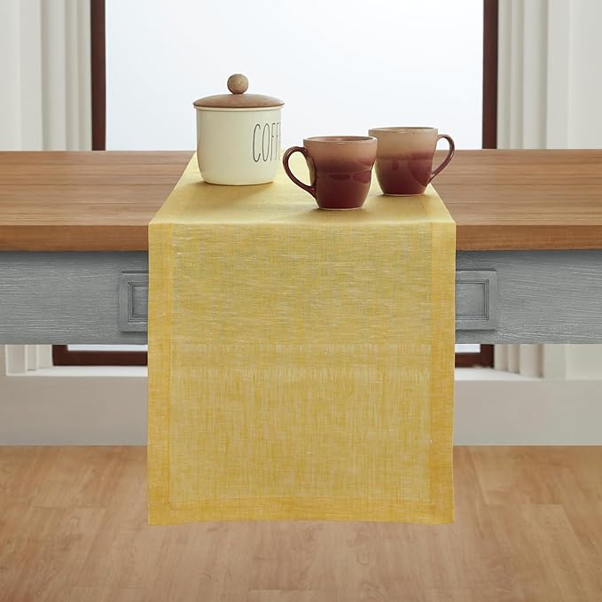 Solino Home Linen Short Table Runner 48 Inches - Athena, 100% Pure Linen Chambray Lemon Yellow Table Runner 14 x 48 Inch Ideal for Dresser and Coffee Tables