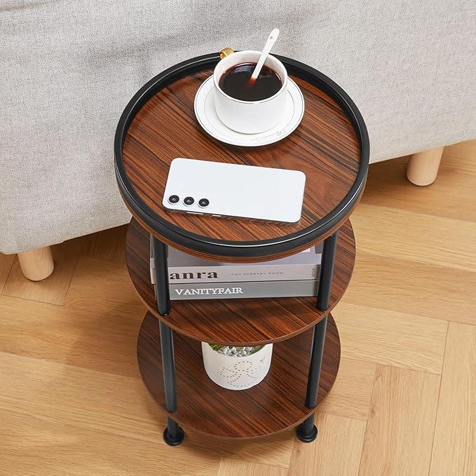 Side Table, Small Round Side Table for Small Spaces, 3-Tier Round Accent Table Slim Side Table, Modern Sofa End Table Corner Table for Living Room Bedroom Nightstand (Classic, Cherry)