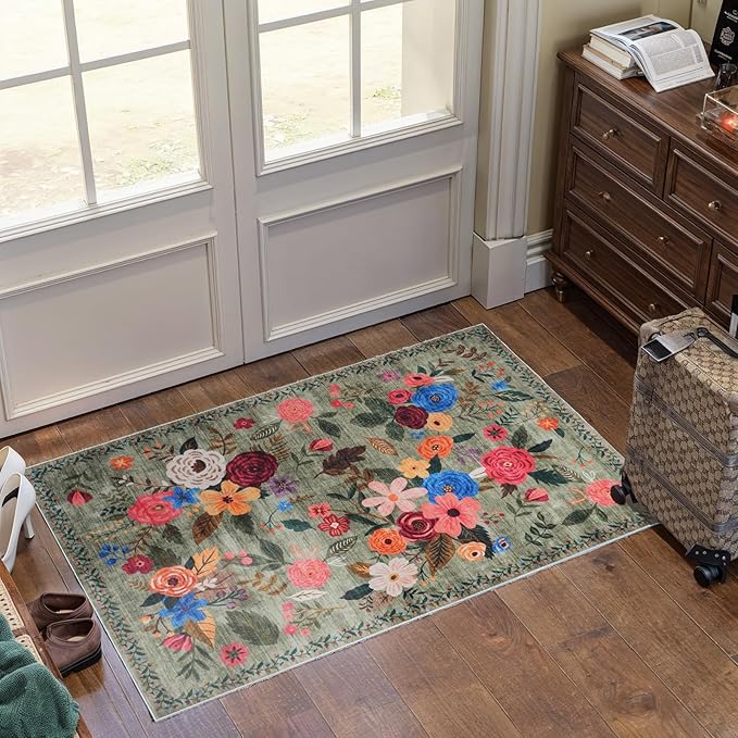 Floral Rug for Entryway, Green 2X3 Washable Kitchen Mat Ultra-Thin Soft, Non-Slip Indoor Door Carpet Stain Resistant Boho Small Low-Pile Throw for Bathroom Bedroom (2 x 3, Green Lawn)