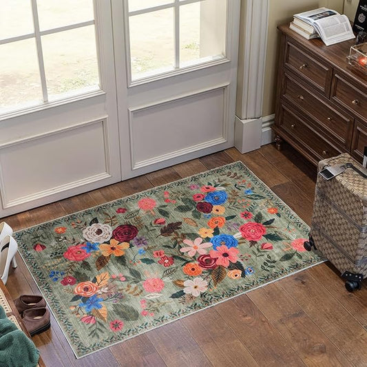 Floral Rug for Entryway, Green 2X3 Washable Kitchen Mat Ultra-Thin Soft, Non-Slip Indoor Door Carpet Stain Resistant Boho Small Low-Pile Throw for Bathroom Bedroom (2 x 3, Green Lawn)