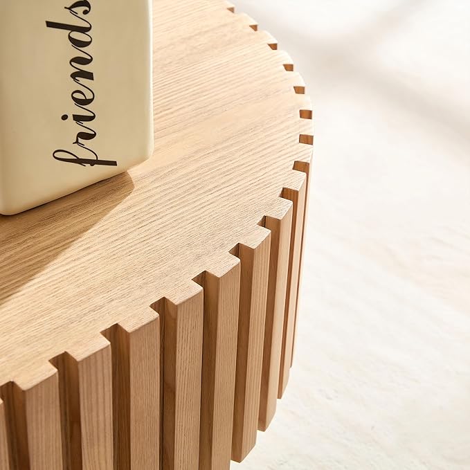 43.7'' Round Coffee Table for Living Room, Oval Coffee Table Modern Handcraft Drum Coffee Table Center Table Wood Small Coffee Table Side Table End Table with Sturdy Pedestal for Apartment,Natural Ash