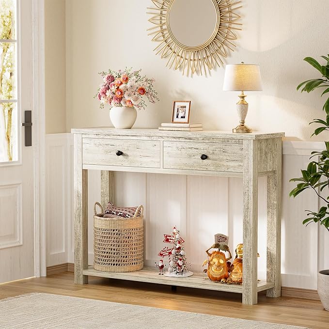Homieasy Farmhouse Console Table with 2 Drawers, 32 Inch Small Sofa Table with Storage Shelf for Living Room, Behind Couch, Entryway Table for Hallway, Living Room, or Foyer, Light Rustic Oak